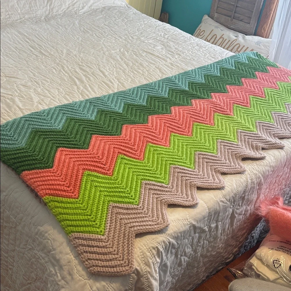Handmade Crocheted Wool Chevron Afghan Blanket Throw
